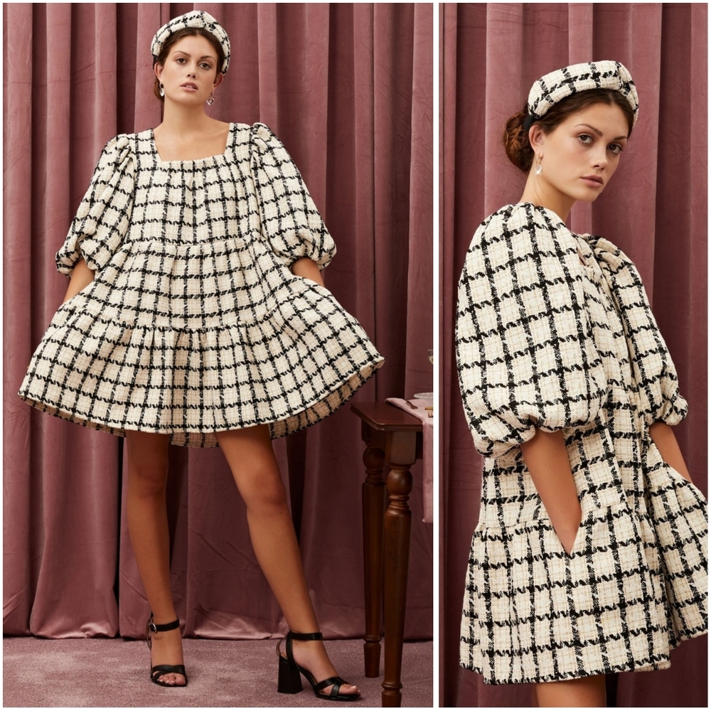 Sister Jane Supper Club Tweed Mini Dress Ivory Black Gold Metallic Oversized Xs